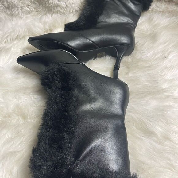 Ashro synthetic black mid calf boots  faux fur trim front zipper 3”heels SZ11W - Picture 7 of 16